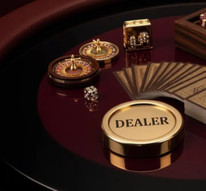 Póker esemény kiegészítők: dealer button, kártyák, zseton tálca és asztali dekoráció